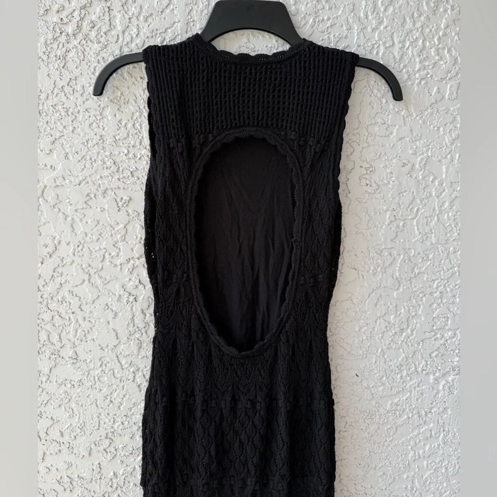 Torn By Ronny Kobo Ryan Black Crochet Knit Fringe Midi Dress Small